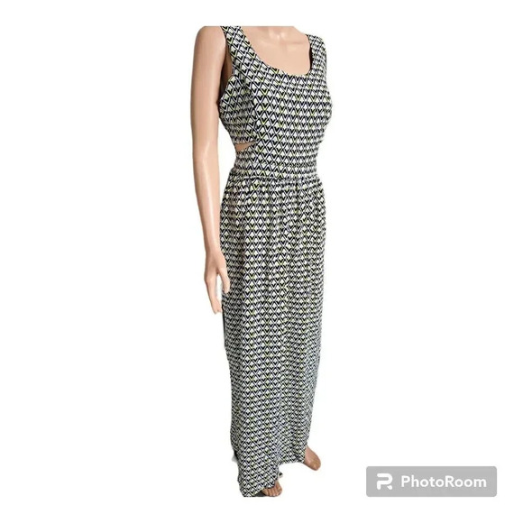 Sweet Storm Sleeveless Side Cut-outs Blue Lime White Geo Print Maxi Dress /L - Picture 11 of 12